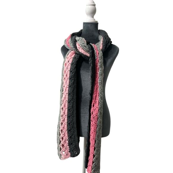 extra long handmade crochet scarf- 80"  pink sparkle gray and black- gift - Picture 1 of 5